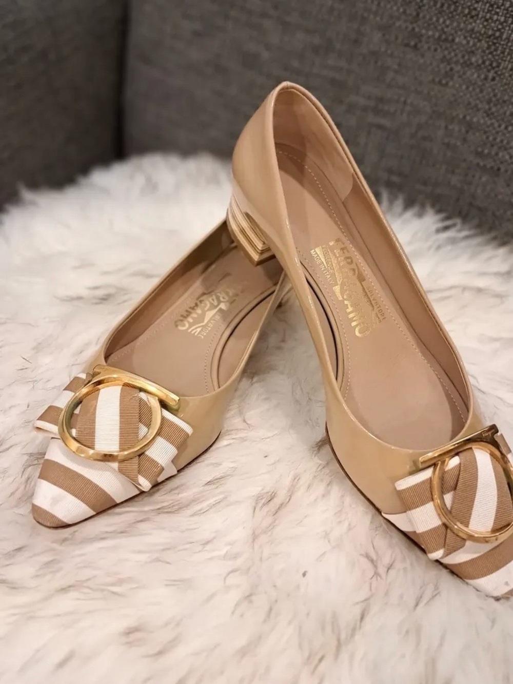 Salvatore Ferragamo Beige Patent Flats with Striped Toe and Gold Buckle